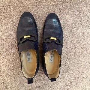 Jimmy Choo Navy Textured Leather Slip-On Loafers with Gold Accent